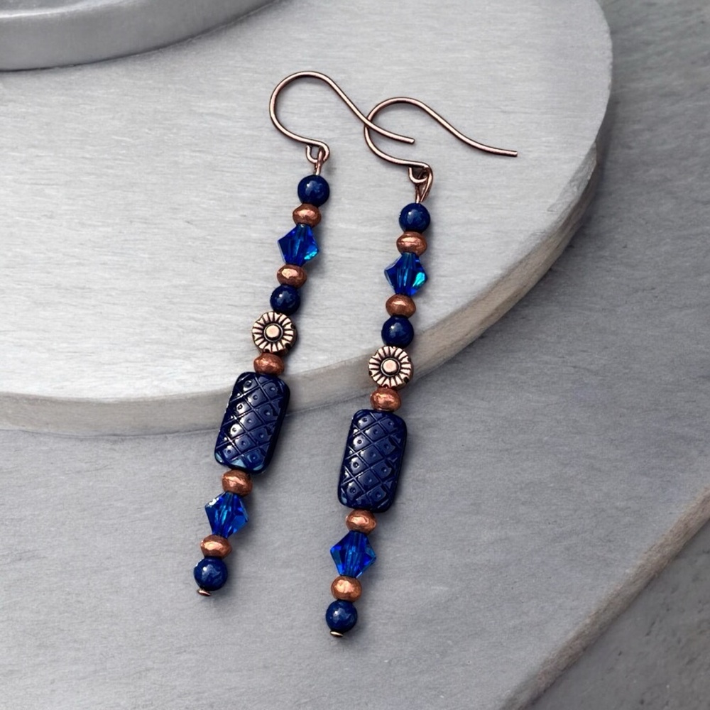 Handcrafted Blue and Copper Beaded Earrings - Picture 5 of 11